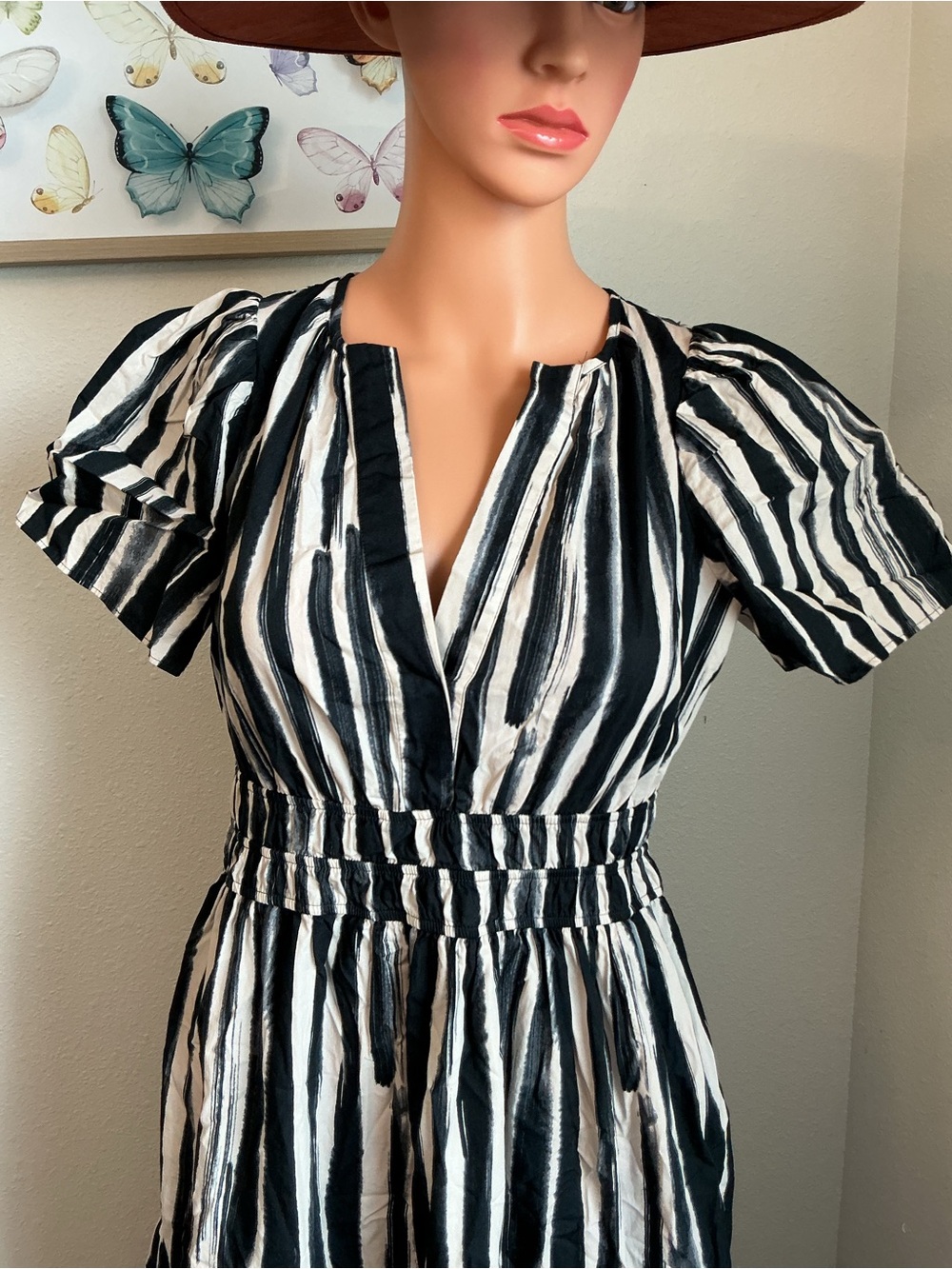 Anthropologie XS Black White Stripe Maxi Dress Cotton Pockets - Picture 3 of 13